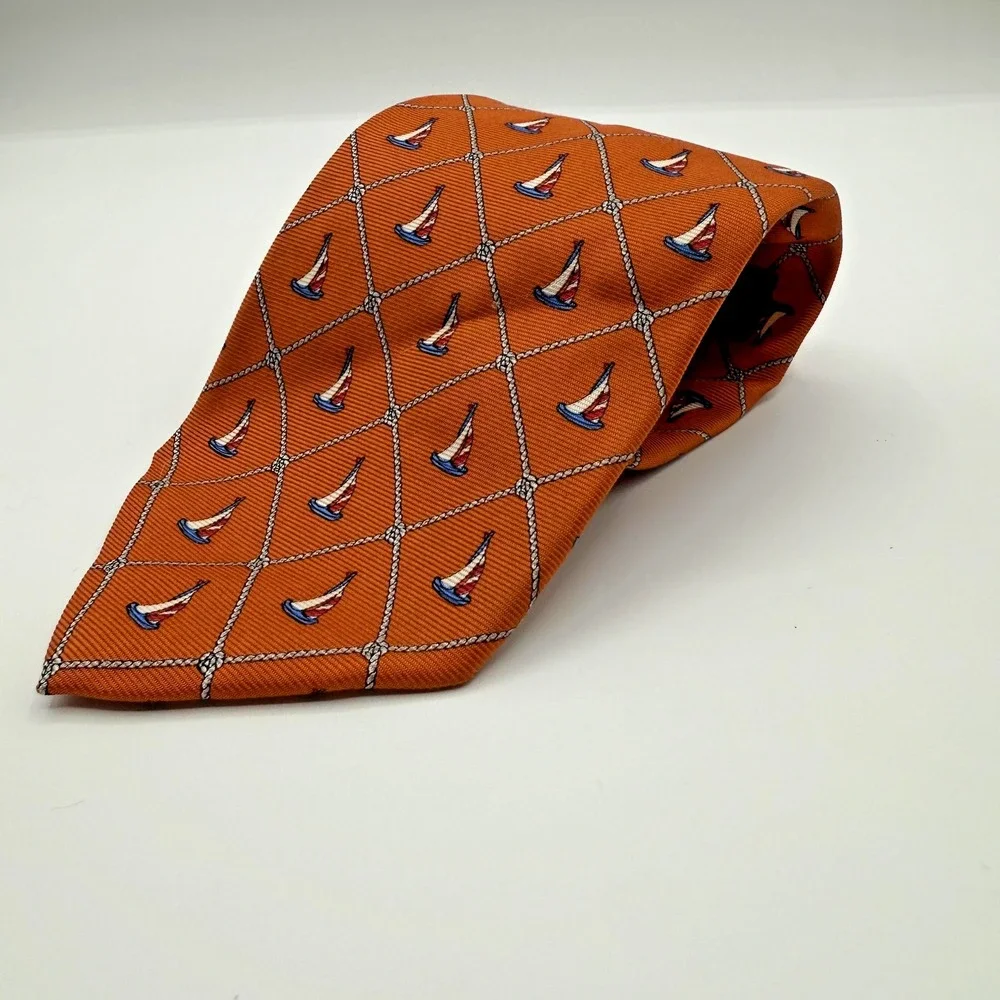 Brooks Brothers Tie Mens‎ Orange Silk Nautical Sailboat Rope Print Made USA